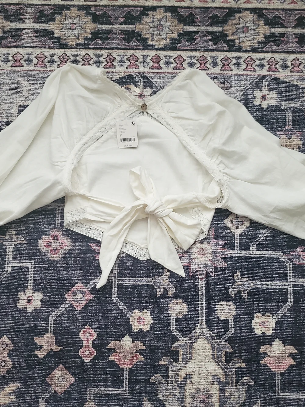 Free People Ivory Lace-Trim Puff Sleeve Crop Top